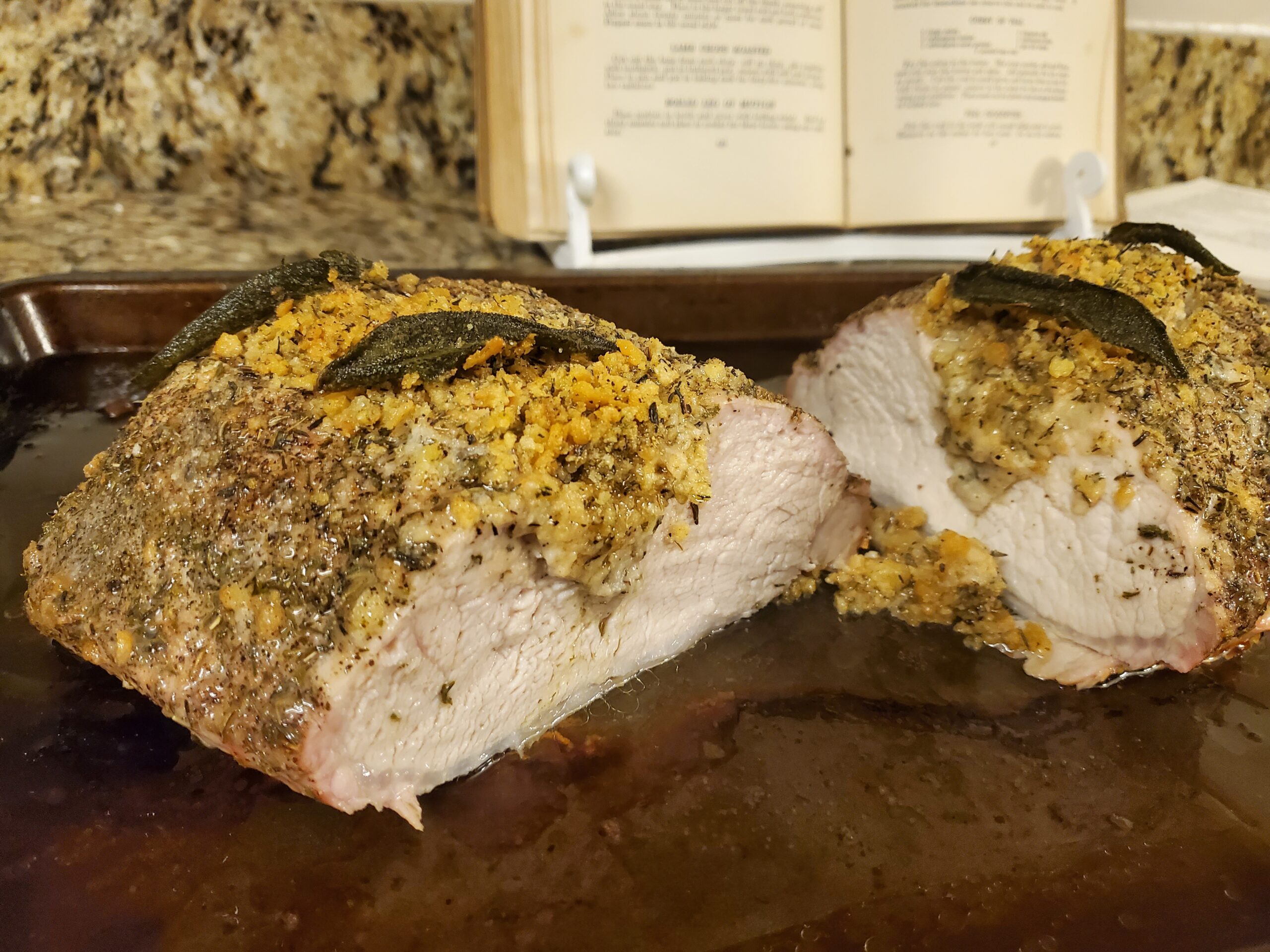 Stuffed Pork Loin with Cookbook Background