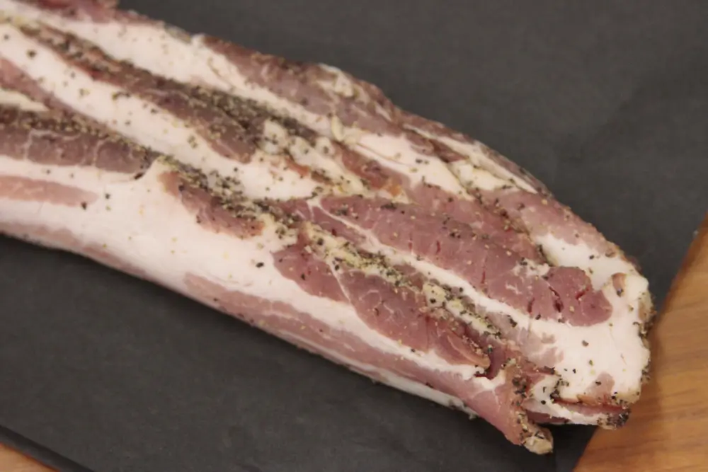 bacon-strip-up-close Bacon without the skin and peppered