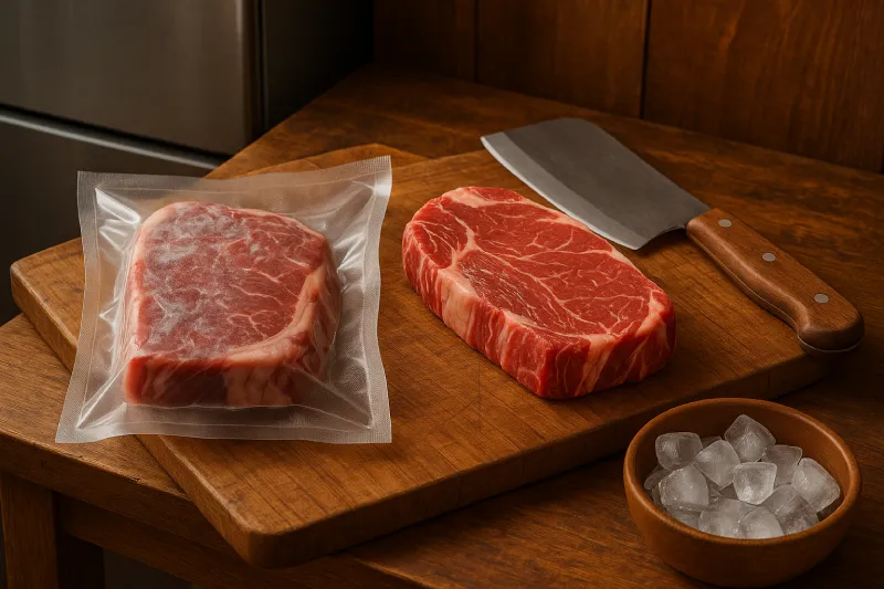 Frozen and Thawed Meat small Two ribeye steaks on a rustic wooden cutting board, one vacuum-sealed and frozen.